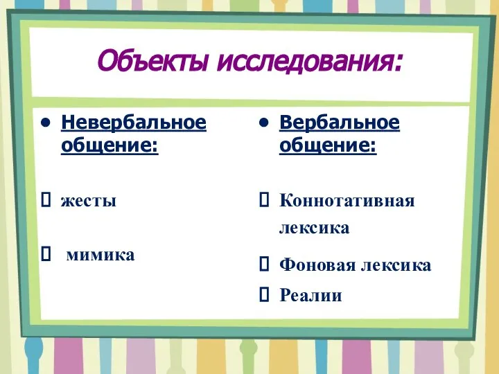 Объекты исследования: Невербальное общение: жесты мимика Вербальное общение: Коннотативная лексика Фоновая лексика Реалии