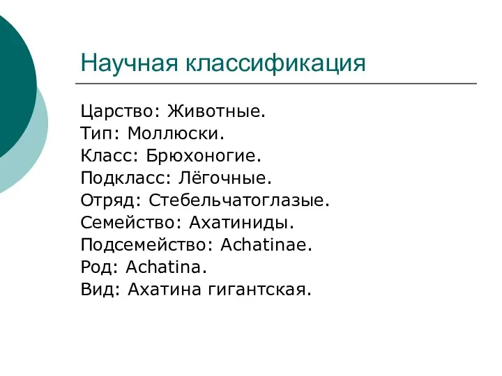 Научная классификация Царство: Животные. Тип: Моллюски. Класс: Брюхоногие. Подкласс: Лёгочные. Отряд: