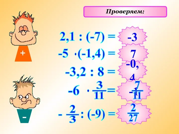 Решаем примеры: Проверяем: 2,1 : (-7) = -3,2 : 8 = -3 7 -0,4