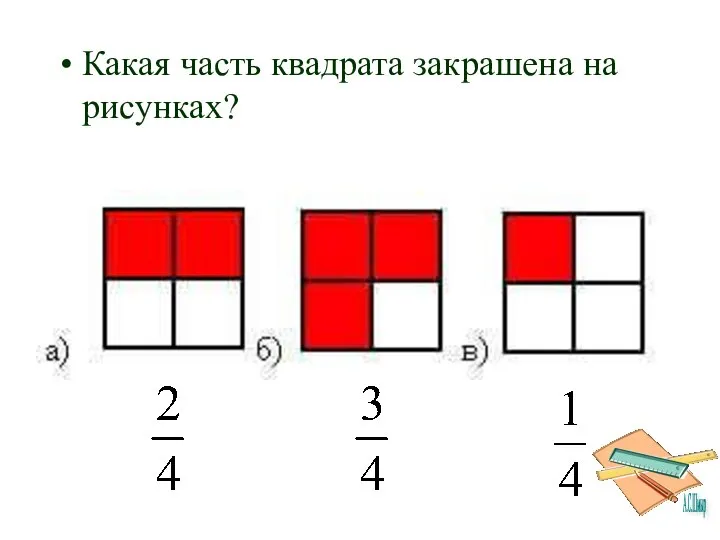 Какая часть квадрата закрашена на рисунках?