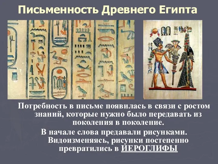 Письменность Древнего Египта Потребность в письме появилась в связи с ростом