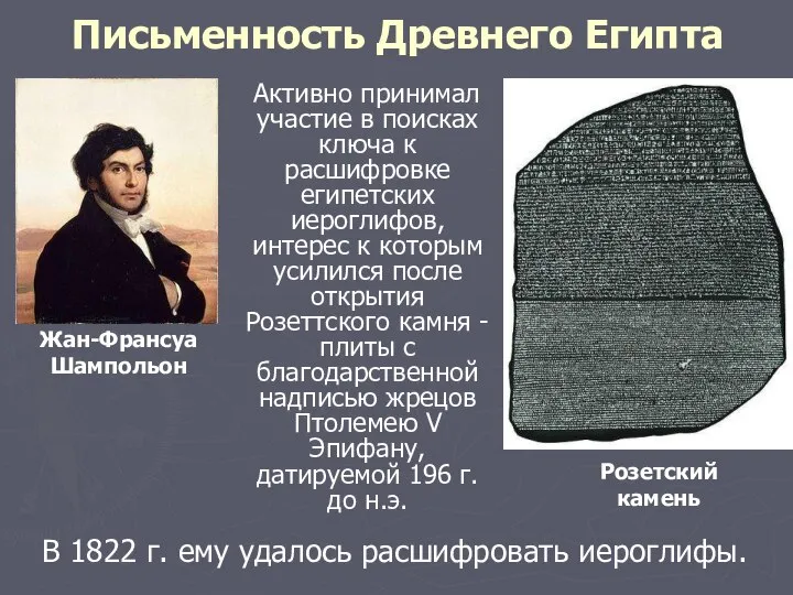 Письменность Древнего Египта Активно принимал участие в поисках ключа к расшифровке