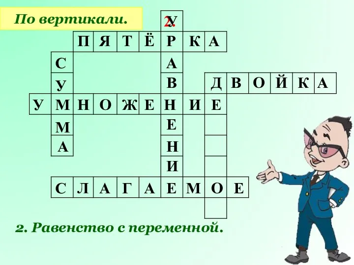 2. По вертикали. 2. Равенство с переменной. П Я Т Ё