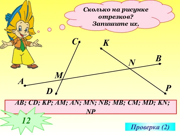 Сколько на рисунке отрезков? Запишите их. Проверка (2) AB; CD; KP;