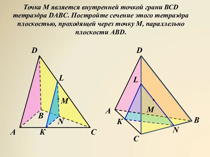 Точка М является внутренней точкой грани ВСD тетраэдра DABC. Постройте сечение