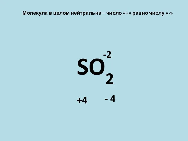 Молекула в целом нейтральна – число «+» равно числу «-» SO2 -2 +4 - 4 +4