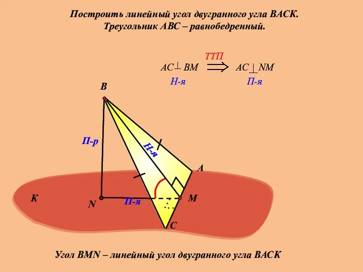 Построить линейный угол двугранного угла ВАСК. Треугольник АВС – равнобедренный. А