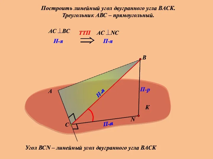 Построить линейный угол двугранного угла ВАСК. Треугольник АВС – прямоугольный. А