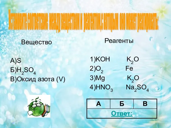 Вещество А)S Б)H2SO4 В)Оксид азота (V) Реагенты 1)KOH K2O 2)O2 Fe