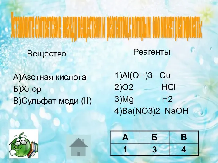 Вещество А)Азотная кислота Б)Хлор В)Сульфат меди (II) Реагенты 1)Al(OH)3 Cu 2)O2