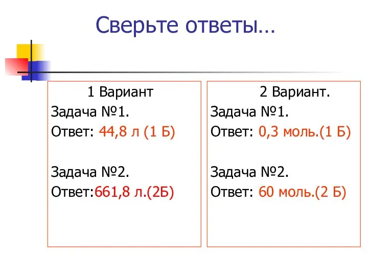 Сверьте ответы… 1 Вариант Задача №1. Ответ: 44,8 л (1 Б)