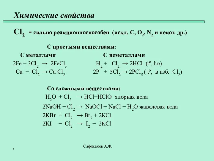 Химические свойства Cl2 - сильно реакционноспособен (искл. C, O2, N2 и