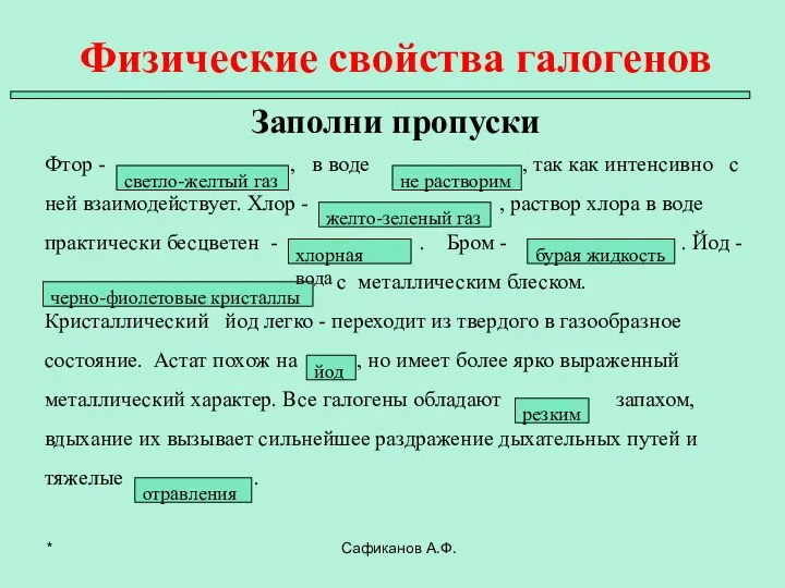 Физические свойства галогенов Заполни пропуски Фтор - , в воде ,