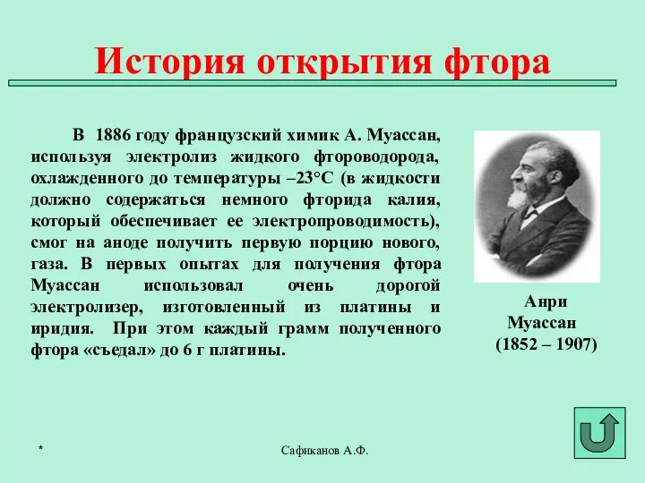 В 1886 году французский химик А. Муассан, используя электролиз жидкого фтороводорода,