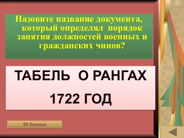 ОДЕЖДА В РАЗНЫЕ ВРЕМЁНА (50) Назовите название документа, который определял порядок