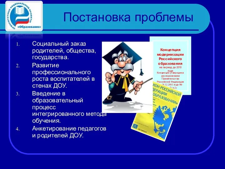 Постановка проблемы Социальный заказ родителей, общества, государства. Развитие профессионального роста воспитателей