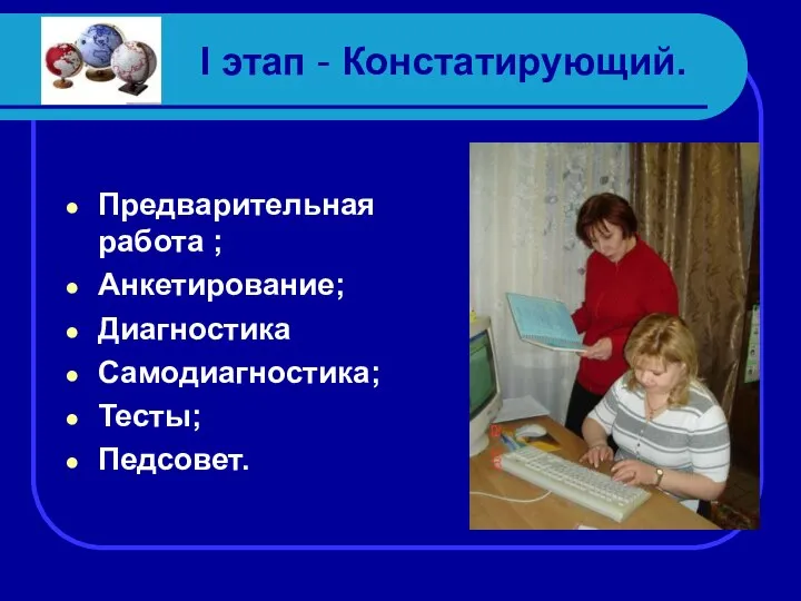 I этап - Констатирующий. Предварительная работа ; Анкетирование; Диагностика Самодиагностика; Тесты; Педсовет. фото