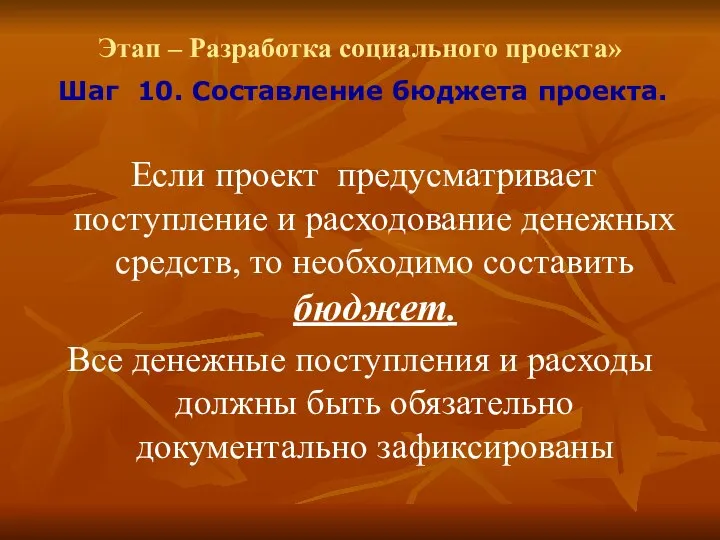 Этап – Разработка социального проекта» Шаг 10. Составление бюджета проекта. Если