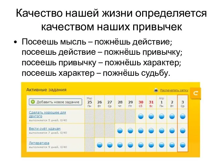 Качество нашей жизни определяется качеством наших привычек Посеешь мысль – пожнёшь