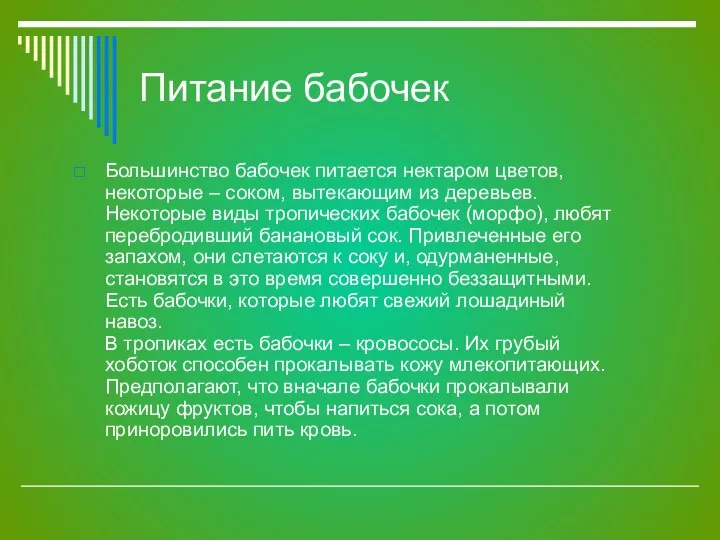 Питание бабочек Большинство бабочек питается нектаром цветов, некоторые – соком, вытекающим