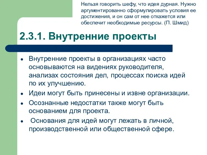 2.3.1. Внутренние проекты Внутренние проекты в организациях часто основываются на видениях