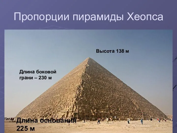 Пропорции пирамиды Хеопса Длина боковой грани – 230 м Высота 138 м Длина основания 225 м