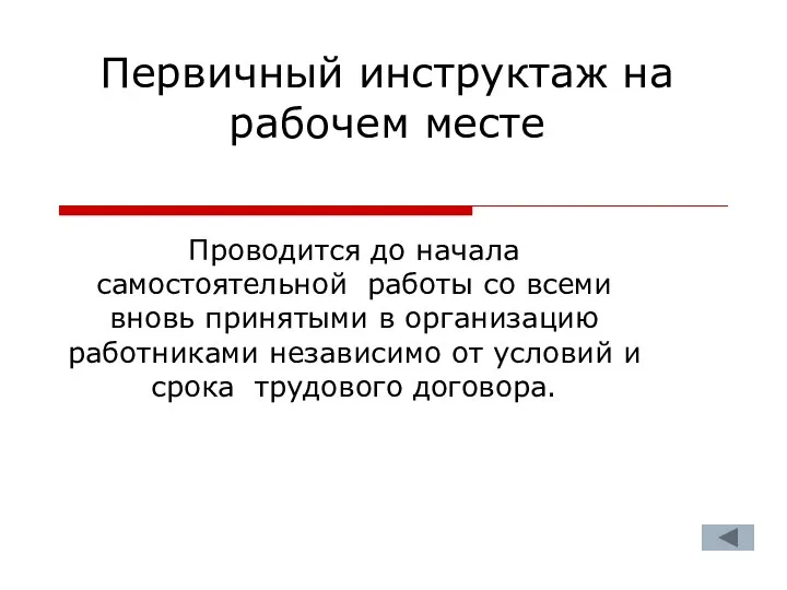 Первичный инструктаж на рабочем месте Проводится до начала самостоятельной работы со