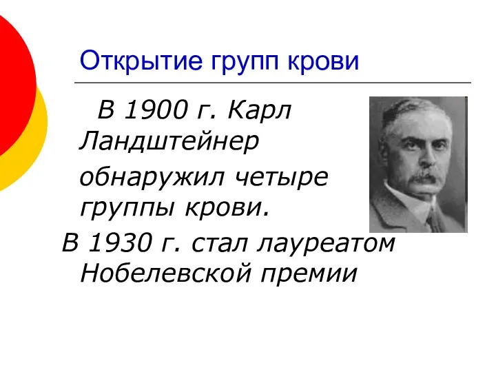 Открытие групп крови В 1900 г. Карл Ландштейнер обнаружил четыре группы