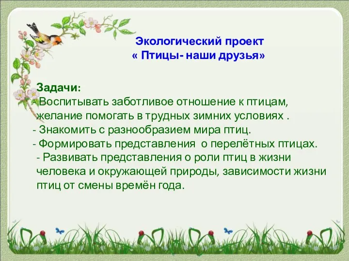 Экологический проект « Птицы- наши друзья» Задачи: Воспитывать заботливое отношение к