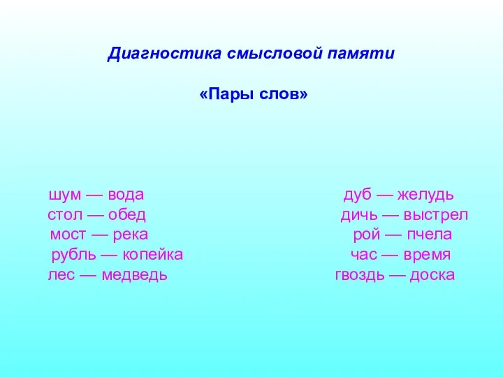 Диагностика смысловой памяти «Пары слов» шум — вода дуб — желудь