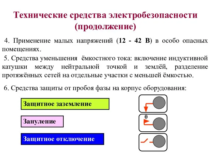 Технические средства электробезопасности (продолжение) 4. Применение малых напряжений (12 - 42