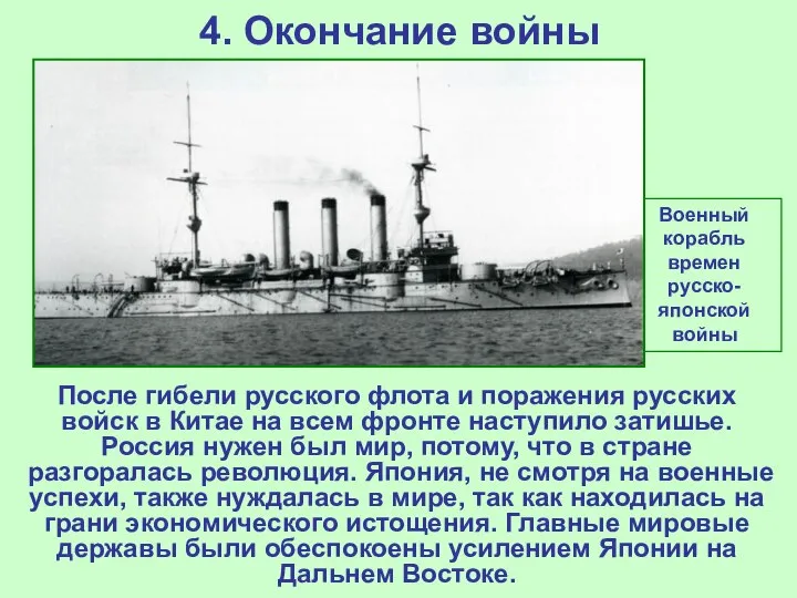 4. Окончание войны После гибели русского флота и поражения русских войск