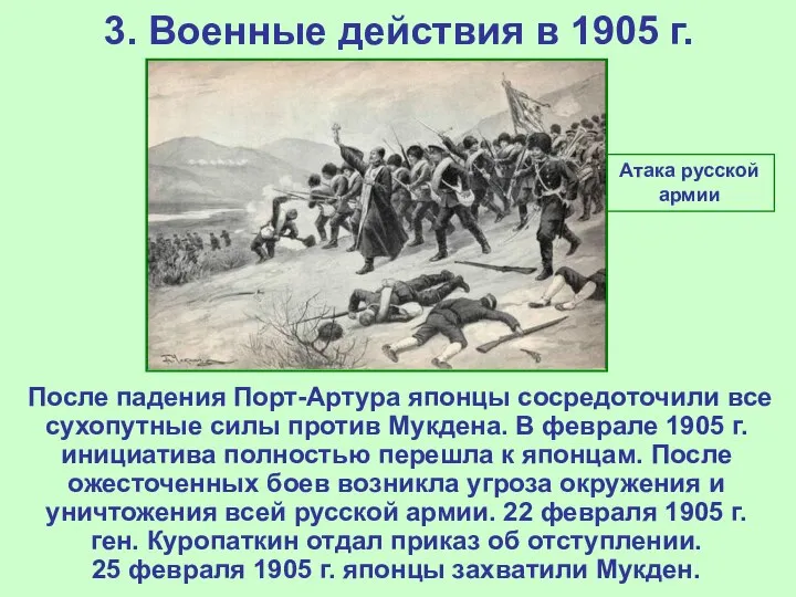 3. Военные действия в 1905 г. После падения Порт-Артура японцы сосредоточили