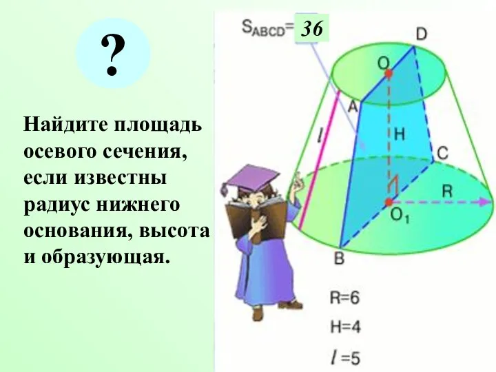 Найдите площадь осевого сечения, если известны радиус нижнего основания, высота и образующая. 36 ?