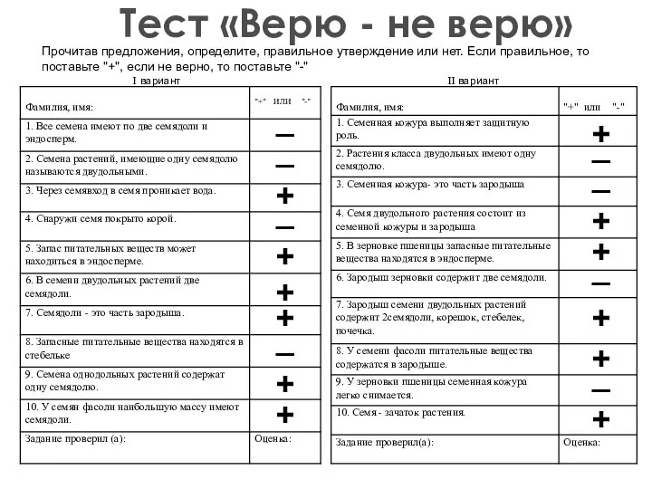 Тест «Верю - не верю» Прочитав предложения, определите, правильное утверждение или