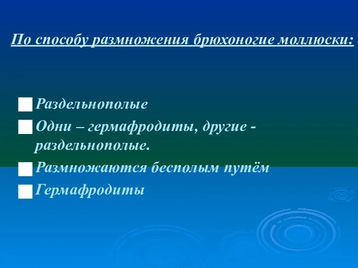 По способу размножения брюхоногие моллюски: Раздельнополые Одни – гермафродиты, другие - раздельнополые. Размножаются бесполым путём Гермафродиты