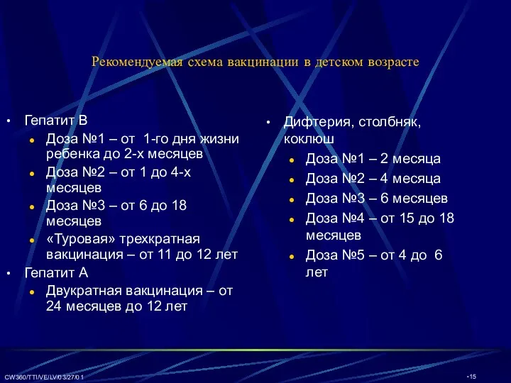 CW360/TTI/VE/LV/03/27/01 Рекомендуемая схема вакцинации в детском возрасте Гепатит B Доза №1