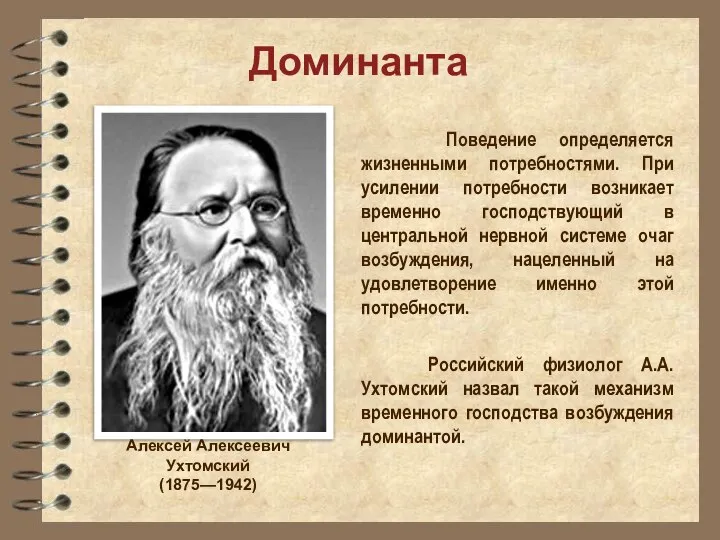 Доминанта Поведение определяется жизненными потребностями. При усилении потребности возникает временно господствующий