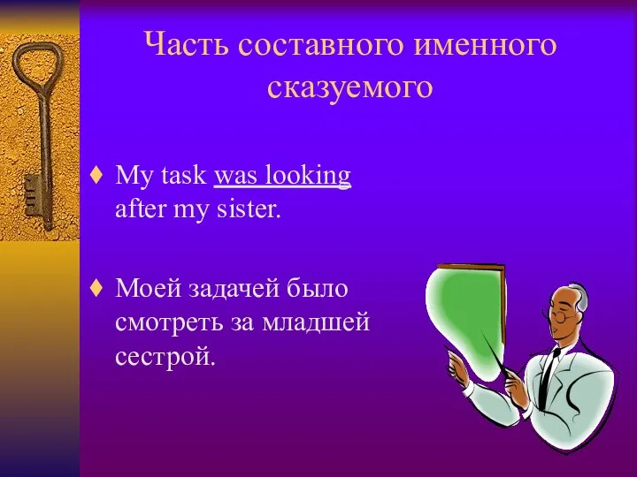 Часть составного именного сказуемого My task was looking after my sister.