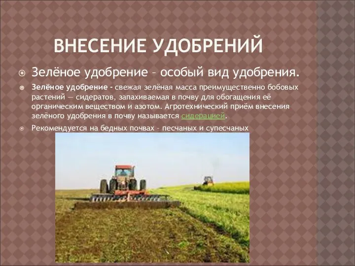 ВНЕСЕНИЕ УДОБРЕНИЙ Зелёное удобрение – особый вид удобрения. Зелёное удобрение -