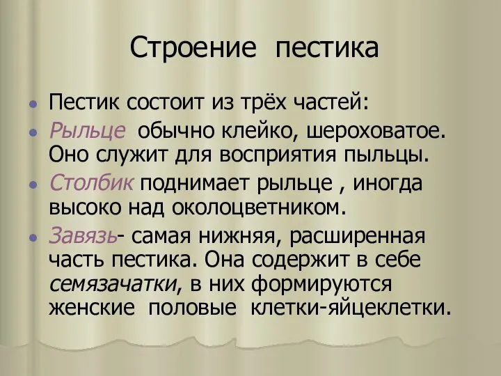 Строение пестика Пестик состоит из трёx частeй: Рыльце обычно клейко, шероxоватое.