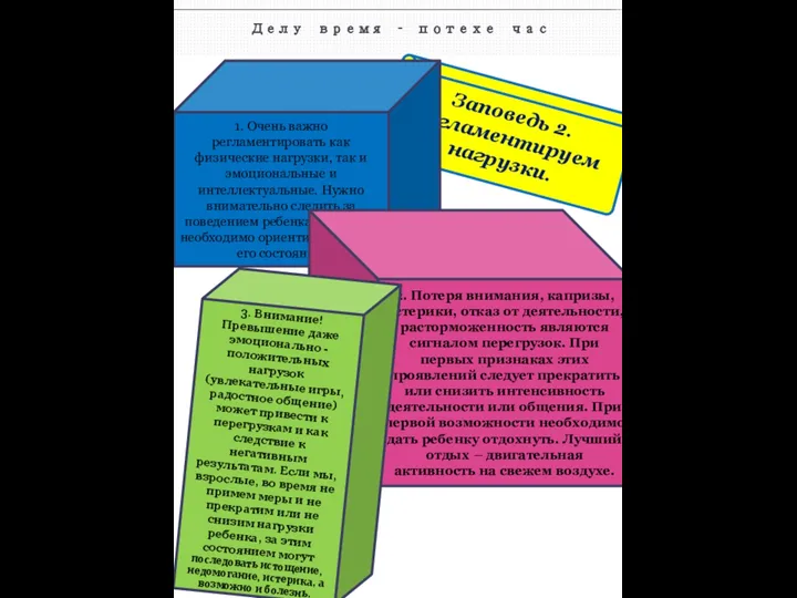 Делу время – потехе час Заповедь 2. Регламентируем нагрузки. 1. Очень