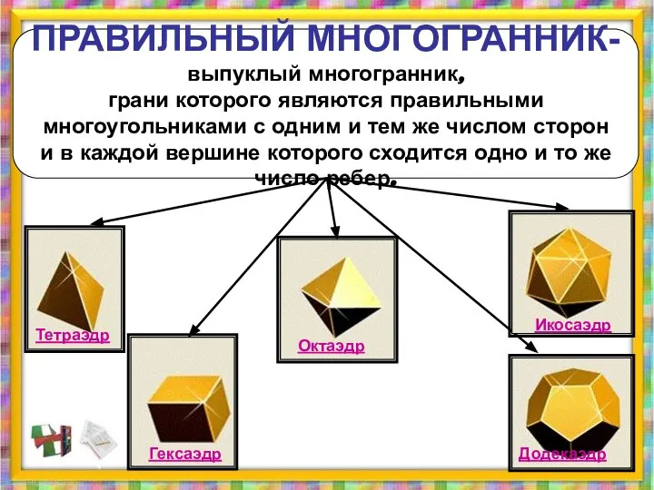 ПРАВИЛЬНЫЙ МНОГОГРАННИК- выпуклый многогранник, грани которого являются правильными многоугольниками с одним