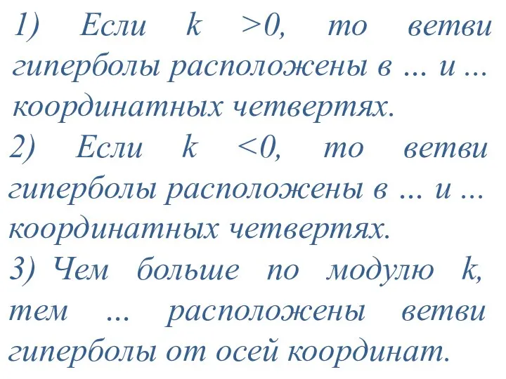 1) Если k >0, то ветви гиперболы расположены в … и