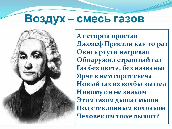 Воздух – смесь газов А история простая Джозеф Пристли как-то раз