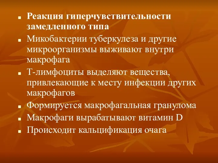 Реакция гиперчувствительности замедленного типа Микобактерии туберкулеза и другие микроорганизмы выживают внутри