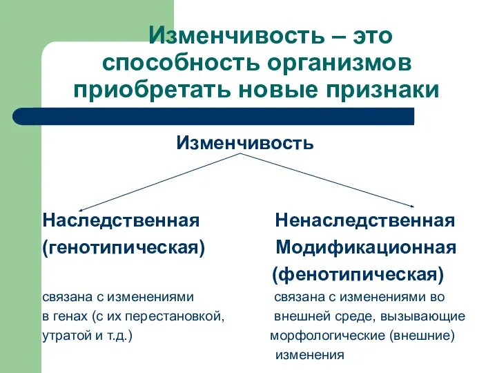 Изменчивость – это способность организмов приобретать новые признаки Изменчивость Наследственная Ненаследственная