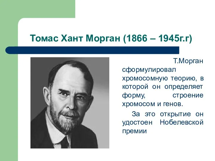 Томас Хант Морган (1866 – 1945г.г) Т.Морган сформулировал хромосомную теорию, в