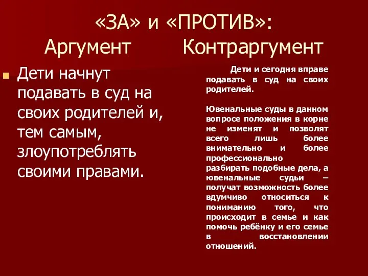 «ЗА» и «ПРОТИВ»: Аргумент Контраргумент Дети начнут подавать в суд на