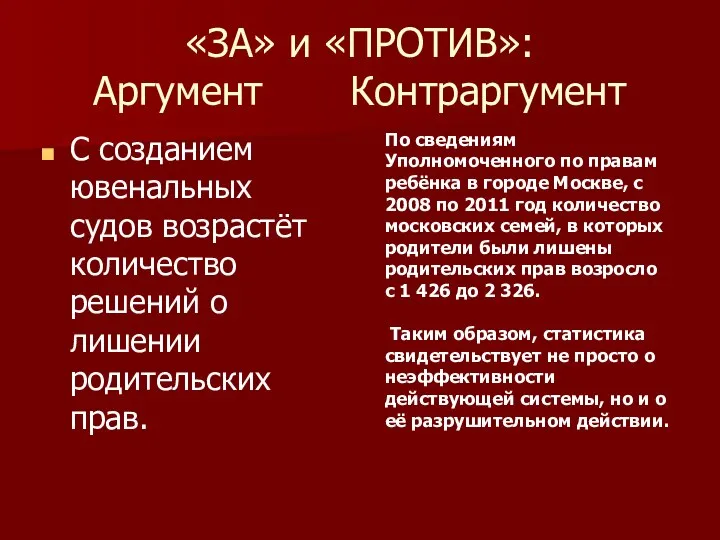 «ЗА» и «ПРОТИВ»: Аргумент Контраргумент С созданием ювенальных судов возрастёт количество